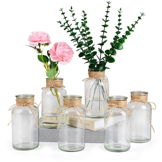 GoHoKi Glass Vases for Home Decor: Vintage Flower Vase Set 6 Pcs - Table Centerpieces for Living & Dining Room